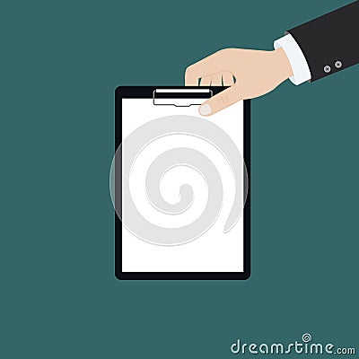 Vector modern flat illustration on hands holding clipboard with empty sheet of paper and pencil | Clipboard with blank paper and Cartoon Illustration