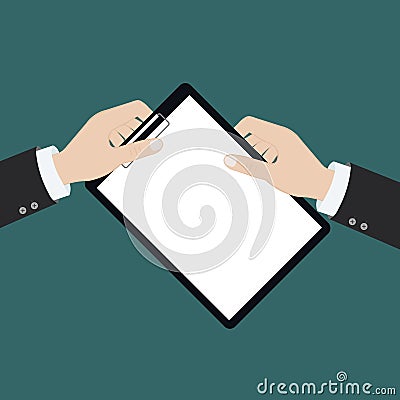 Vector modern flat illustration on hands holding clipboard with empty sheet of paper and pencil | Clipboard with blank paper and Vector Illustration