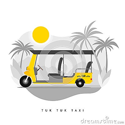 Vector modern flat illustration tuk tuk auto rickshaw tricycle taxi service, palm on sun. Hot summer exotic destination vacation, Vector Illustration