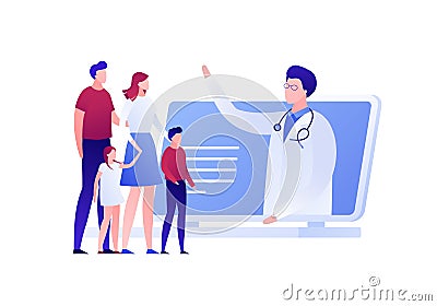 Vector modern flat online doctor illustration. Laptop with man doctor talking with family isolated on white background. Design for Vector Illustration