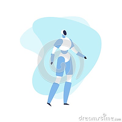 Vector modern flat robot banner template. White and blue standing android on fluid shapes background isolated on white. Design Stock Photo