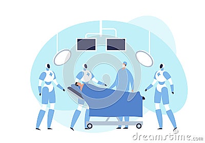 Vector modern flat robotic surgery illustration. Surgeon and robot with patient in operating room with monitor and lamp on white Vector Illustration