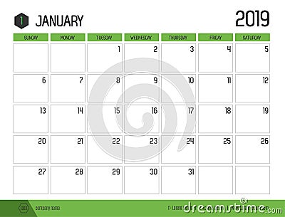Vector of modern green calendar 2019 January in simple clean Vector Illustration