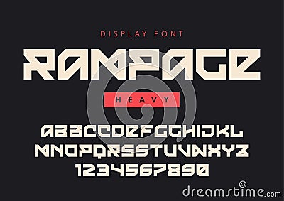 Vector modern heavy display font named Rampage, blocky typeface, futuristic uppercase letters and numbers, alphabet. Vector Illustration