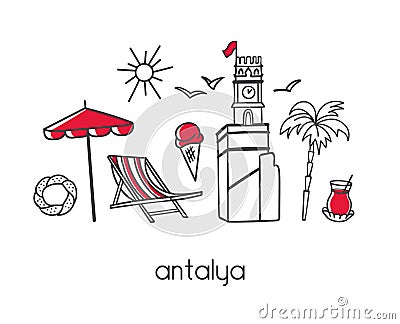 Vector modern illustration Antalya Turkey with hand drawn doodle turkish symbols. Vector Illustration