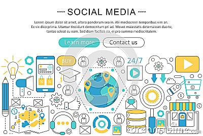 Vector modern line flat design Social media concept. Social media icons Website Header, app design poster banner. Vector Illustration