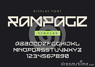 Vector modern regular display font named Rampage, blocky typeface, futuristic uppercase letters and numbers, alphabet. Vector Illustration