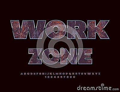 Vector modern Sign Work Zone. Unique grungy Font. Iron creative Alphabet Letters and Numbers. Stock Photo