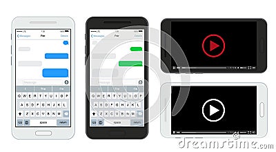 Vector modern smartphones set isolated on white background. Text message and video player. Vector Illustration