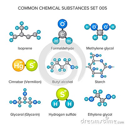 Vector molecular structures of chemical substances isolated on white Vector Illustration