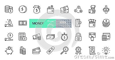 Vector money icons. Set of 29 images with editable stroke. Collection with dollars, euros, coins, bitcoin Vector Illustration