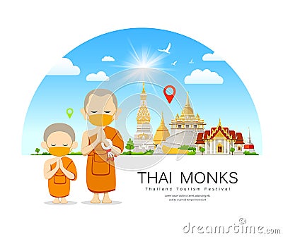 Vector Monks and novices Thailand, with in put fabric yellow mask, prevent communicable diseases on thailand Vector Illustration