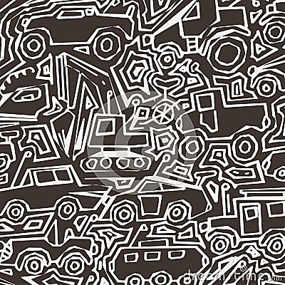 Vector monochrome auto pattern, doodle lines, black and white grunge background Vector Illustration