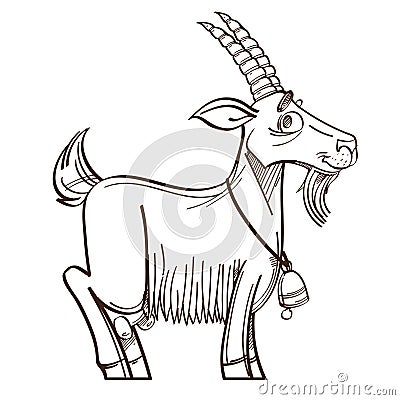 Vector monochrome cute cartoon goat with bell. Illustration isolated on white background Stock Photo