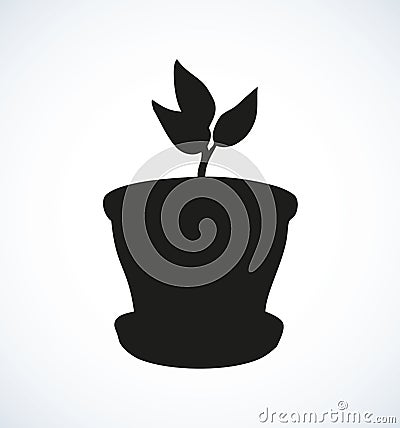 Vector monochrome drawing. Sprout in a pot Vector Illustration