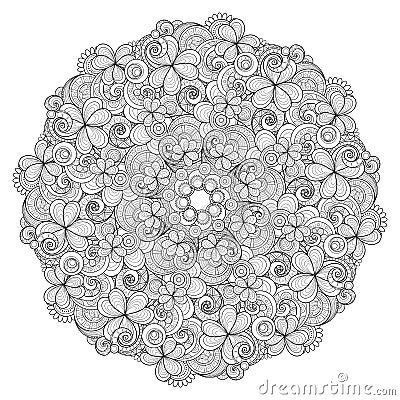 Vector Monochrome Floral Background. Hand Drawn Wreath with Decorative Clover and Coins Vector Illustration