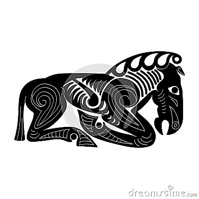 Vector monochrome icon with ancient Scythian art. Plaque with animal motifs Vector Illustration