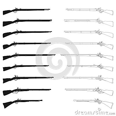 Vector monochrome icon set with Antique Rifles Vector Illustration