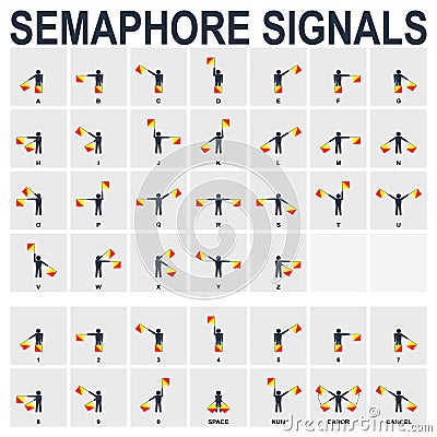 Vector monochrome icon set with Semaphore Flag Signals Vector Illustration