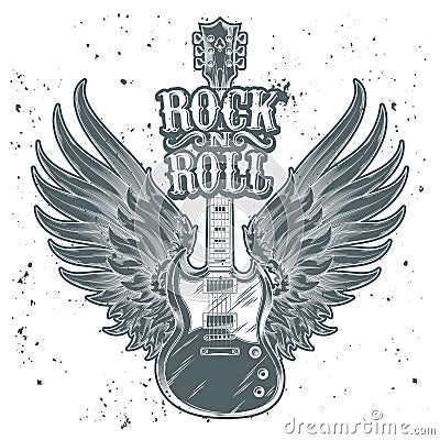 Vector monochrome illustration of an electric guitar with wings. Vector Illustration