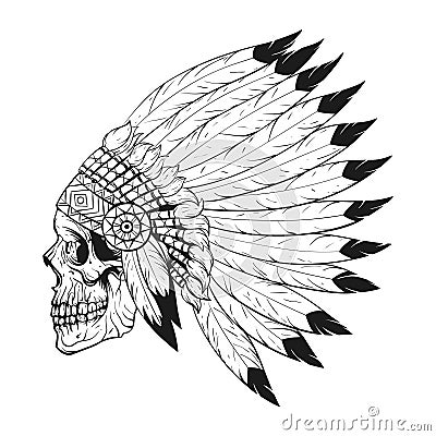 Vector monochrome illustration of stylized skull wearing war bonnet Vector Illustration