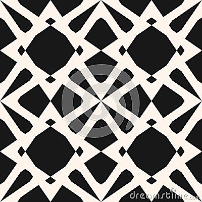 Elegant monochrome ornament with diamond shapes, flower silhouettes, grid. Abstract repeat background. Vector Illustration