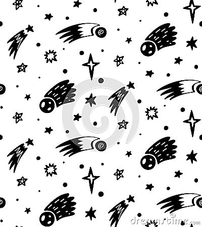 Vector monochrome seamless childish cosmos pattern with stars, comet and asteroid on white background. Texture of the universe Vector Illustration