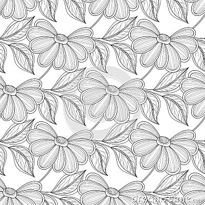 Vector Monochrome Seamless Floral Pattern Vector Illustration