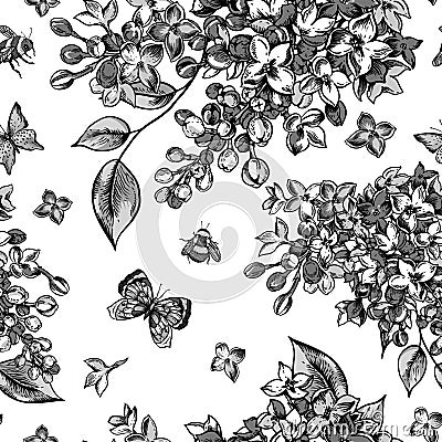 Vector monochrome seamless pattern with blooming flowers of lilac Vector Illustration