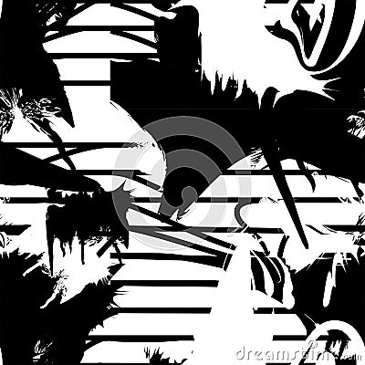 Vector monochrome seamless pattern with ink brush strokes. Vector Illustration