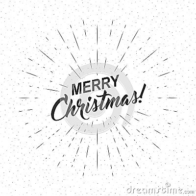 Vector monochrome text Merry Christmas for greeting card, flyer, poster logo with lettering, light rays. Vector Illustration