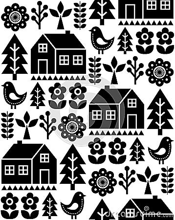 Nordic, Scandinavian inspired folk art seamless pattern - Finnish vector design in black and white Vector Illustration