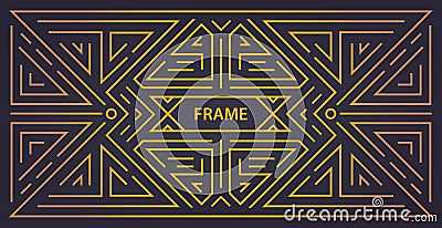 Vector monogram geometric art deco frame, golden linear background, vintage style. Horizontal orientation. Vector Illustration