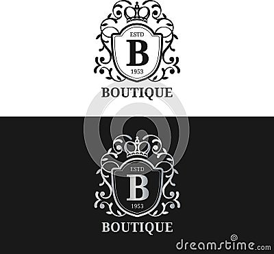 Vector monogram logo template. Luxury letter design. Graceful vintage character with crown illustration. Vector Illustration