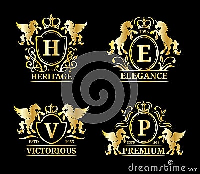 Vector monogram logo templates.Luxury letters design.Graceful vintage characters with animals silhouettes illustrations. Vector Illustration