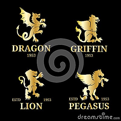 Vector monogram templates. Luxury pegasus, lion etc design. Graceful animals silhouettes illustration. Vector Illustration