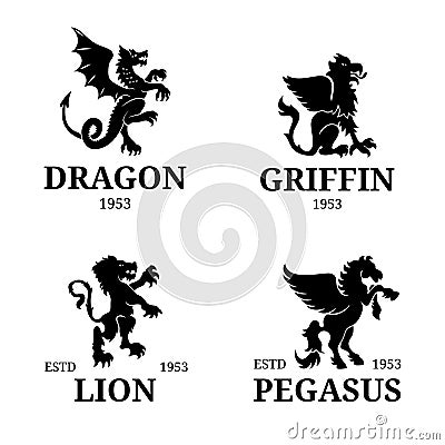 Vector monogram templates. Luxury pegasus, lion etc design. Graceful animals silhouettes illustration. Vector Illustration