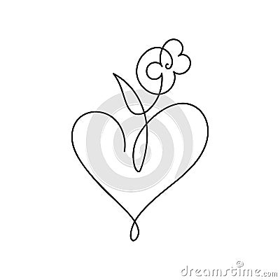 Vector monoline one line flower and heart. Valentines Day Hand Drawn icon. Holiday sketch doodle Design element. love Vector Illustration