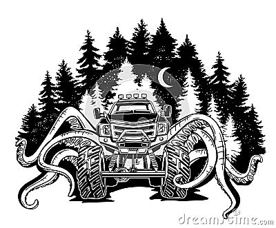 Vector Monster truck with tentacles of the mollusk and forest landscape. Mystical animal car tattoo. Adventure, travel Vector Illustration