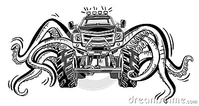 Vector Monster truck with tentacles of the mollusk. Mystical animal car tattoo. Adventure, travel, outdoors art symbols Vector Illustration