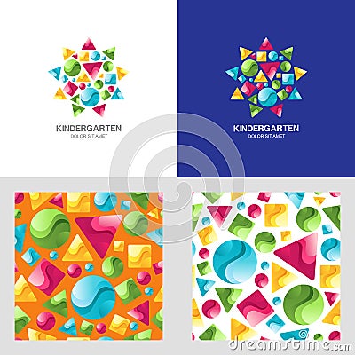 Vector montessori kindergarten logo, emblem and seamless pattern. Vector Illustration