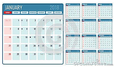 Vector monthly calendar template 2018 year Vector Illustration