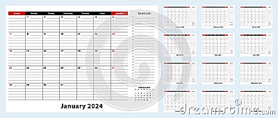 Vector Monthly Desk Pad Calendar, January 2024 - December 2024. Calendar planner with to-do list and place for notes Vector Illustration