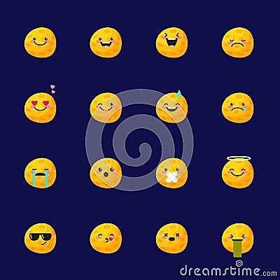 Vector moon emoji set. Funny planet emoticons. Vector Illustration