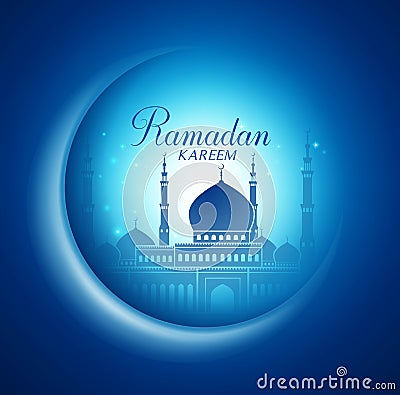 Vector Moon and Mosque Lightning in Dark Background with Ramadan Kareem Vector Illustration
