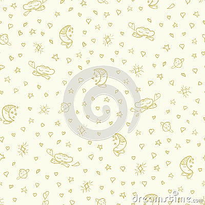 Vector moons, clouds, hearts, stars yellow pattern Vector Illustration