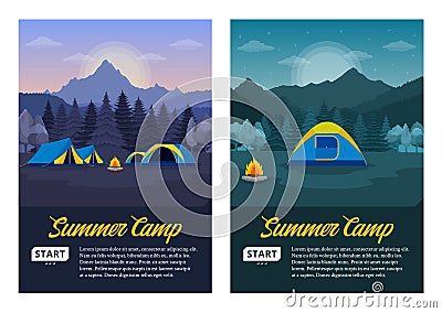 Vector morning and night mountains summer camp vertical banners Vector Illustration