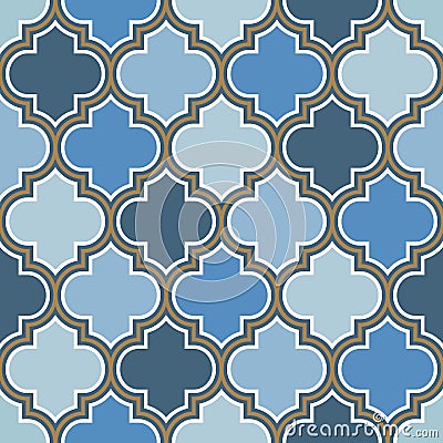 Vector moroccan repeat seamless pattern. Light blue, gold beige line on white background. Vector Illustration