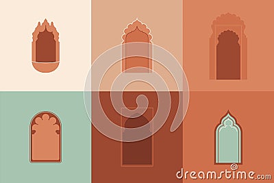 Vector moroccan shapes set. Architectural elements, arabic silhouettes of windows and doorways. Arabic badge design. Vector Illustration