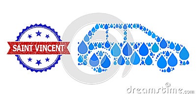 Grunge Bicolor Saint Vincent Stamp Seal and Collage Car of Blue Water Drops Vector Illustration